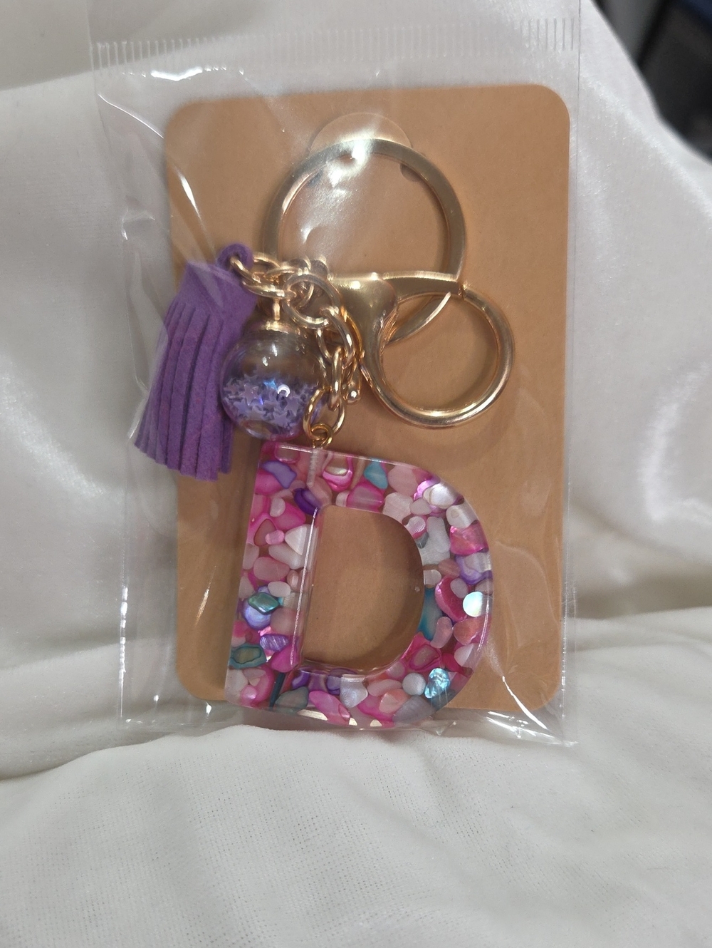 Initial Letter "D" Pink Purple Resin Keychain Purse Charm Handbag Charm Tassel